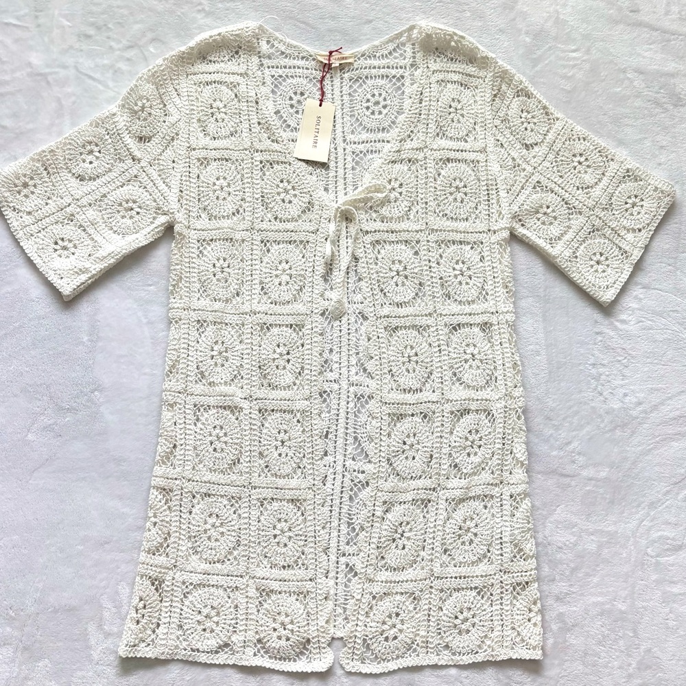 SOLITAIRE 3/4 Sleeve Ivory Boho Crochet Cardigan or Beach Cover-Up--NWT--S - Picture 8 of 15